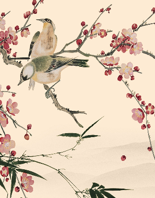 Estor enrollable con estampado de flor de cerezo y pájaros