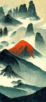 Estor enrollable con diseño de montañas entre la niebla