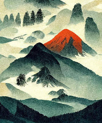 Estor enrollable con diseño de montañas entre la niebla