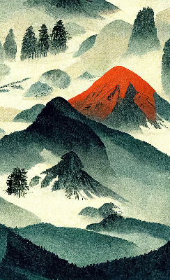 Estor enrollable con diseño de montañas entre la niebla