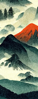 Estor enrollable con diseño de montañas entre la niebla