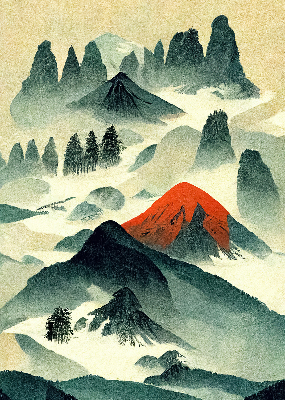 Estor enrollable con diseño de montañas entre la niebla