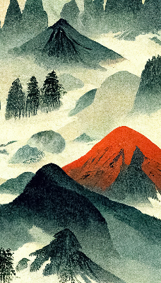 Estor enrollable con diseño de montañas entre la niebla