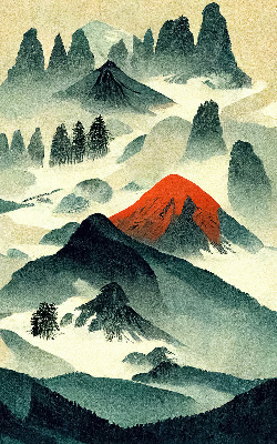 Estor enrollable con diseño de montañas entre la niebla