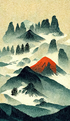 Estor enrollable con diseño de montañas entre la niebla