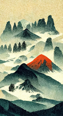Estor enrollable con diseño de montañas entre la niebla