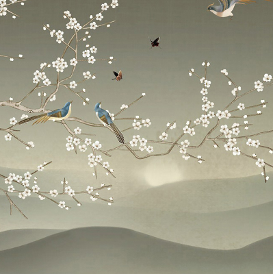 Modern roller blind con estampado de pájaros posados en una rama