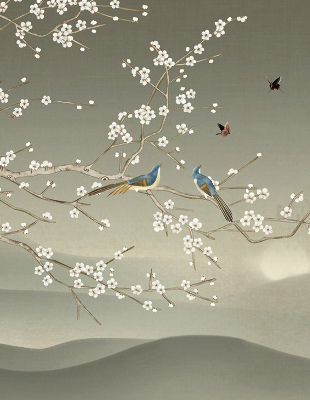 Modern roller blind con estampado de pájaros posados en una rama