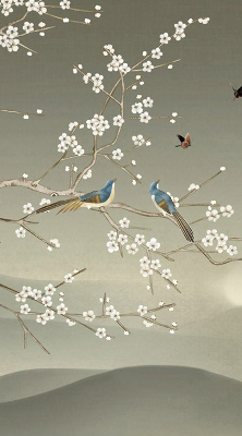 Modern roller blind con estampado de pájaros posados en una rama