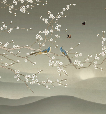 Modern roller blind con estampado de pájaros posados en una rama