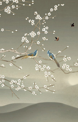 Modern roller blind con estampado de pájaros posados en una rama