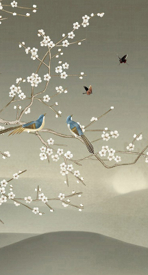 Modern roller blind con estampado de pájaros posados en una rama
