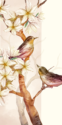 Estor enrollable con estampado de pájaros en un árbol con flores