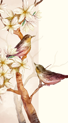 Estor enrollable con estampado de pájaros en un árbol con flores