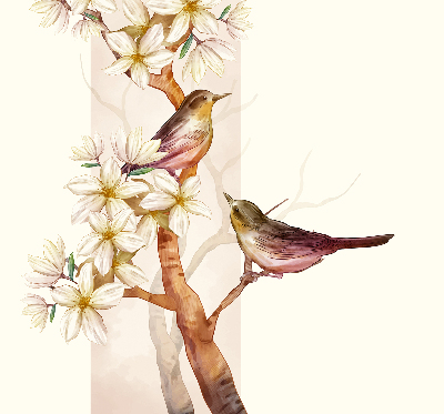 Estor enrollable con estampado de pájaros en un árbol con flores
