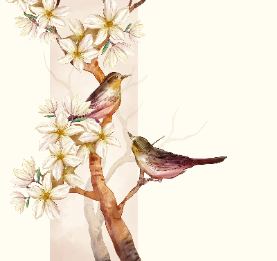 Estor enrollable con estampado de pájaros en un árbol con flores