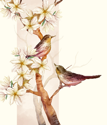 Estor enrollable con estampado de pájaros en un árbol con flores