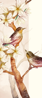Estor enrollable con estampado de pájaros en un árbol con flores