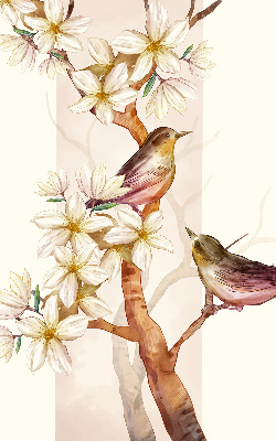 Estor enrollable con estampado de pájaros en un árbol con flores