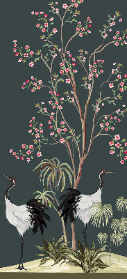 Modern roller blind con estampado de pájaros junto al rosal