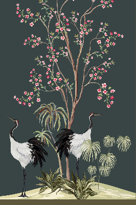 Modern roller blind con estampado de pájaros junto al rosal