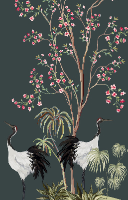 Modern roller blind con estampado de pájaros junto al rosal