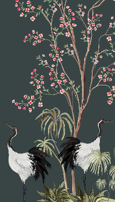 Modern roller blind con estampado de pájaros junto al rosal