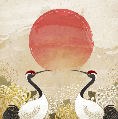 Modern roller blind con estampado de grullas al atardecer