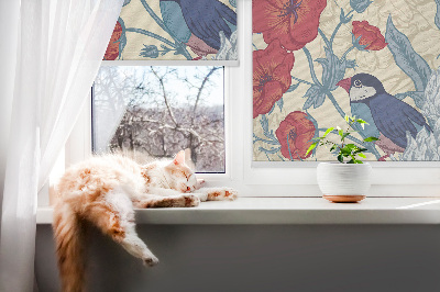 Estor enrollable para ventana con diseño de pájaros entre las flores