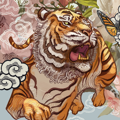 Estor enrollable con estampado de tigre entre flores