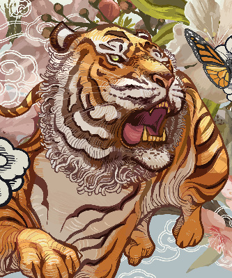 Estor enrollable con estampado de tigre entre flores