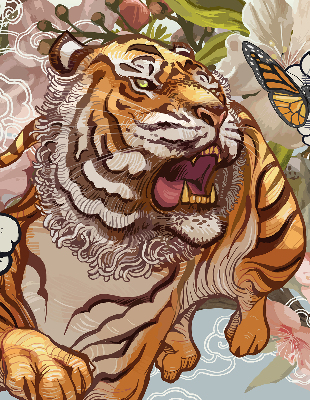 Estor enrollable con estampado de tigre entre flores