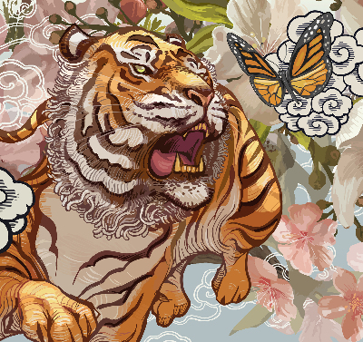 Estor enrollable con estampado de tigre entre flores
