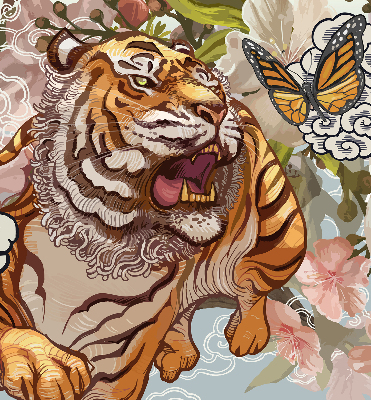 Estor enrollable con estampado de tigre entre flores