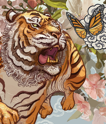 Estor enrollable con estampado de tigre entre flores