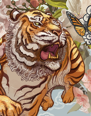 Estor enrollable con estampado de tigre entre flores