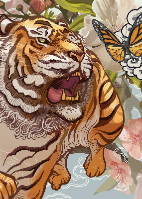 Estor enrollable con estampado de tigre entre flores