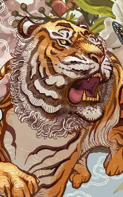 Estor enrollable con estampado de tigre entre flores