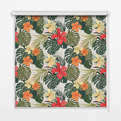 Estor enrollable de tela con flores y hojas tropicales