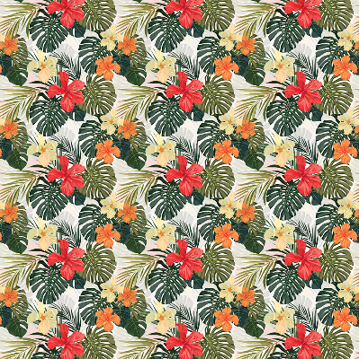 Estor enrollable de tela con flores y hojas tropicales