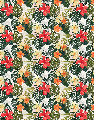 Estor enrollable de tela con flores y hojas tropicales