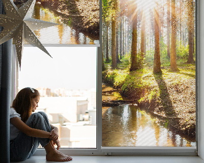 Estor decorativo con la imagen del sol brillando a través de los árboles