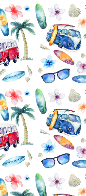 Estor enrollable de tela con diseño de coches y palmeras de Hawái