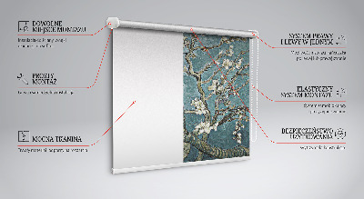 Estor decorativo con diseño de ramitas sobre fondo azul