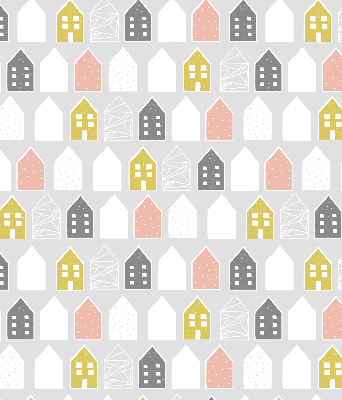 Estor enrollable de tela con diseño de casas dibujadas