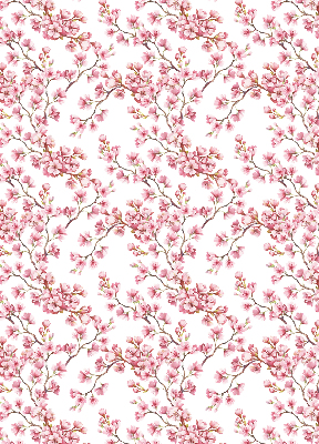 Estor opaco con diseño de pétalos rosados sobre capullos en el árbol