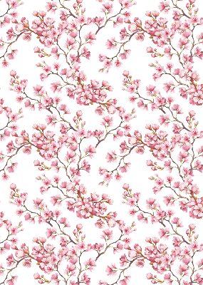 Estor opaco con diseño de pétalos rosados sobre capullos en el árbol