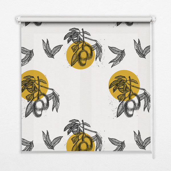 Estor decorativo con diseño de frutas y círculos amarillos