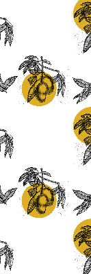 Estor decorativo con diseño de frutas y círculos amarillos