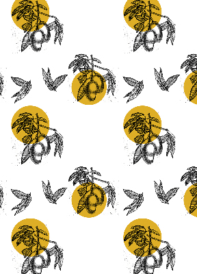 Estor decorativo con diseño de frutas y círculos amarillos